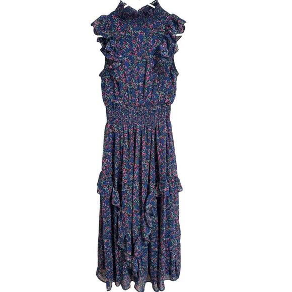 Lulus Evalina Navy Blue Floral Print Mock Neck Midi Dress, Size XS - Picture 3 of 13